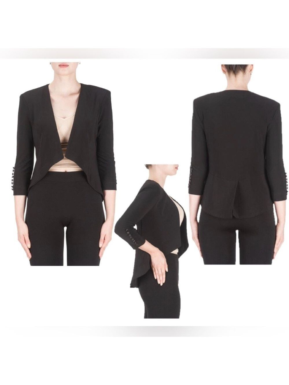 JOSEPH RIBKOFF OPEN FRONT BOLERO JACKET BLACK Sz 12 3/4 sleeve satin button